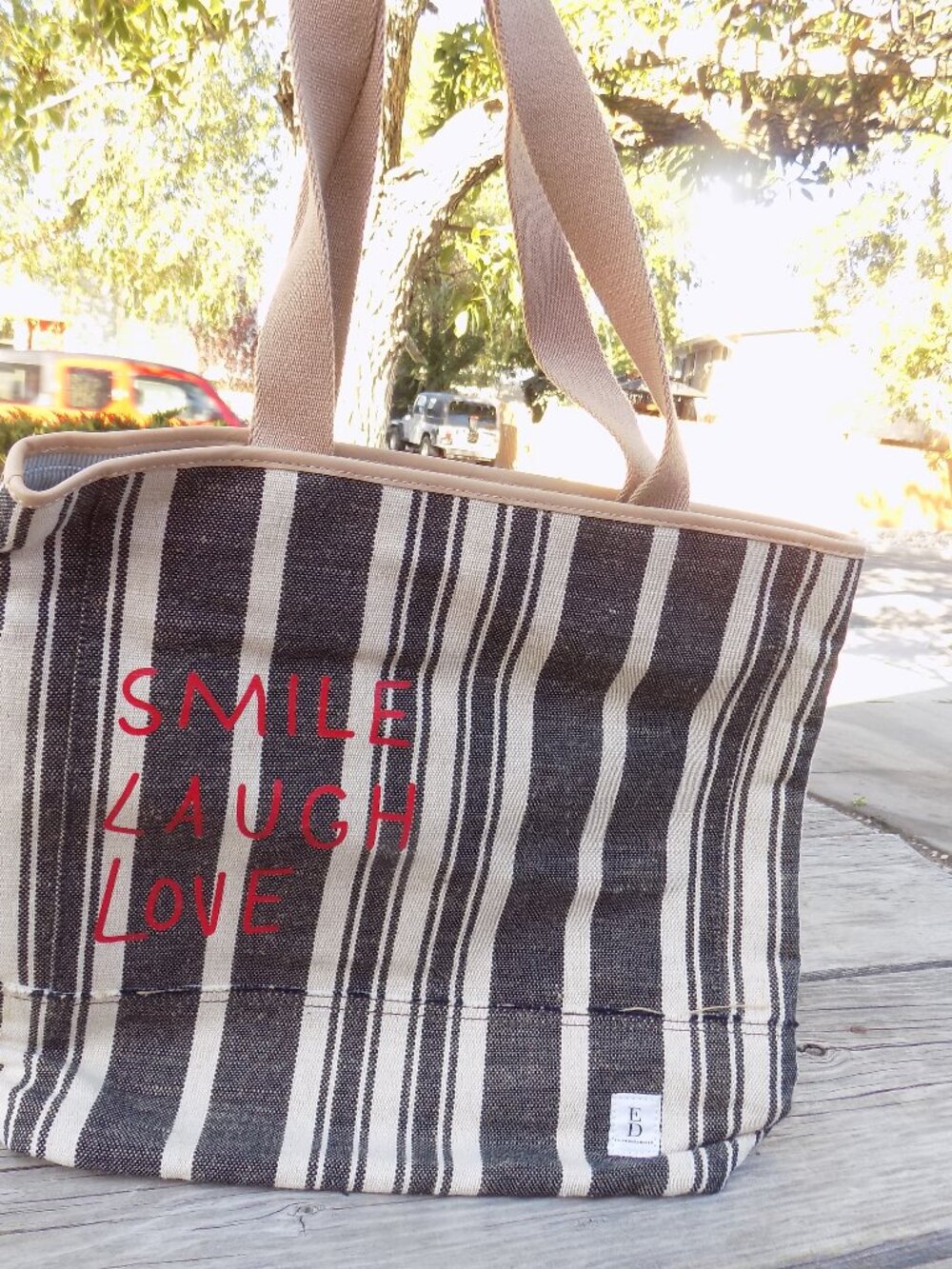 Ellen Degeneres DSMILE LOVE LAUGH Stripped Tote Bag *